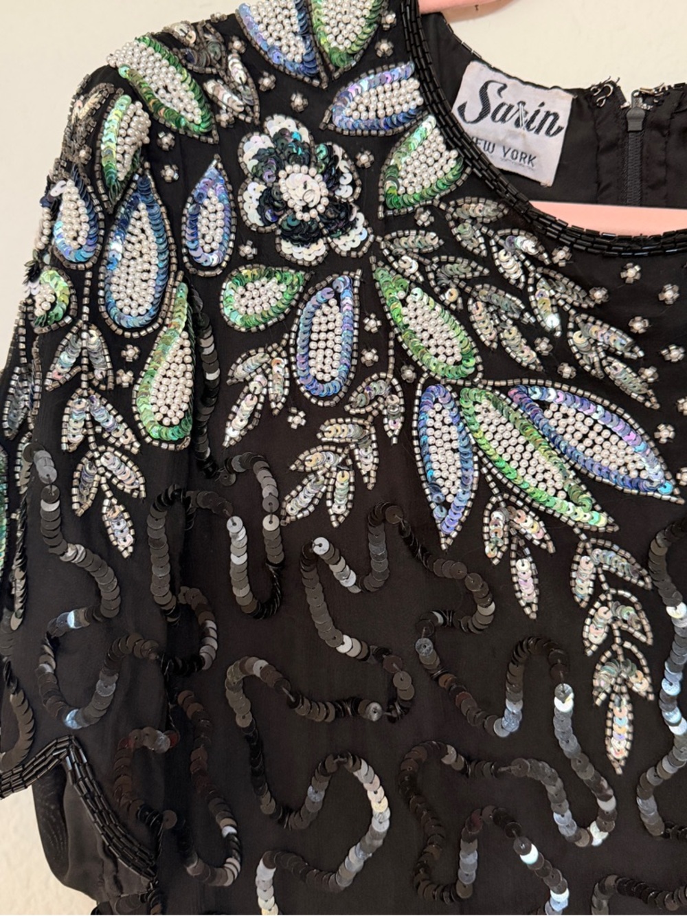 Vintage Sazin New York Beaded Silk Blouse Black Sequin Embellished Top S - Picture 5 of 11